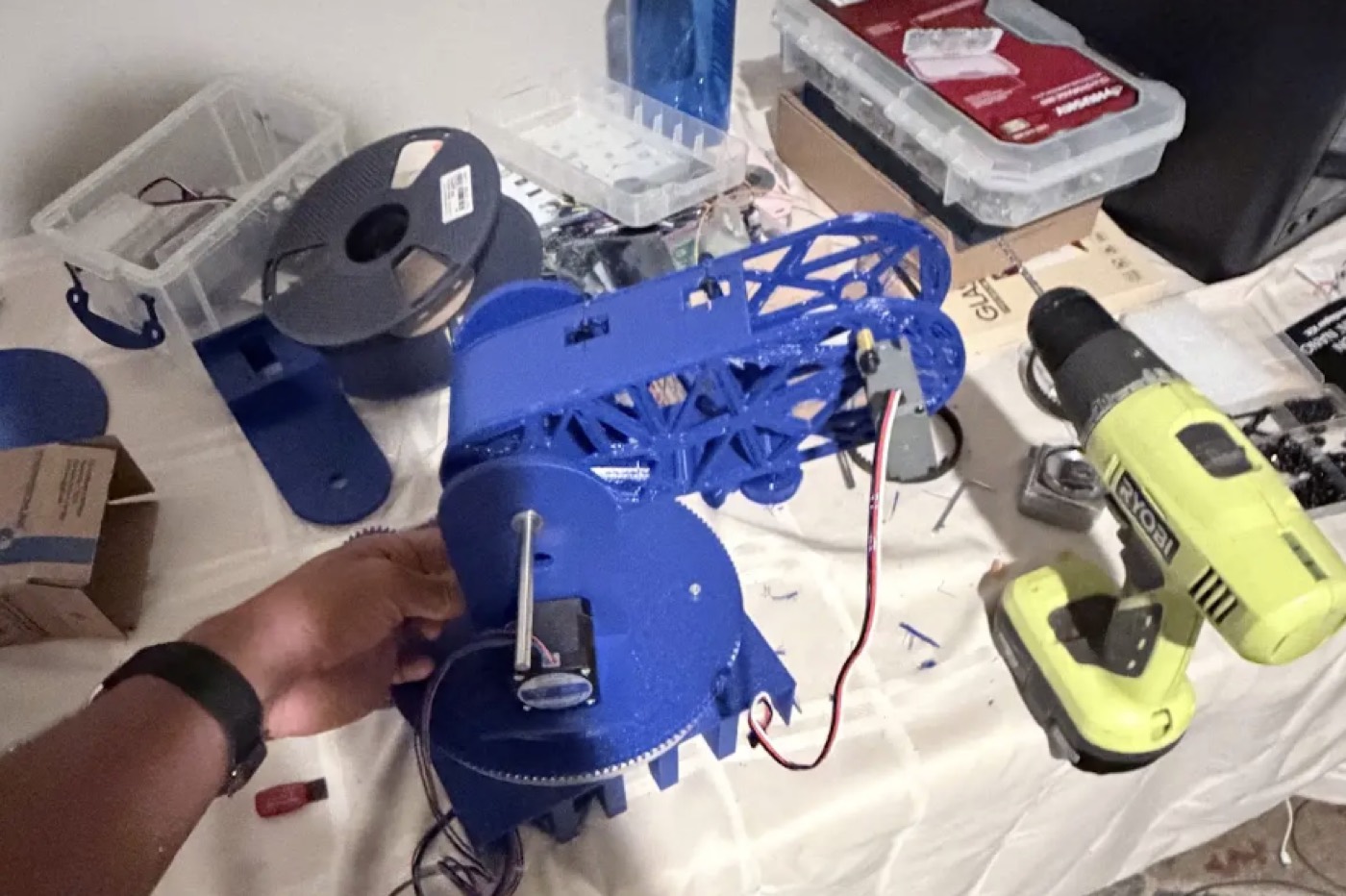Overhead fit check of the robotic arm linkage and base