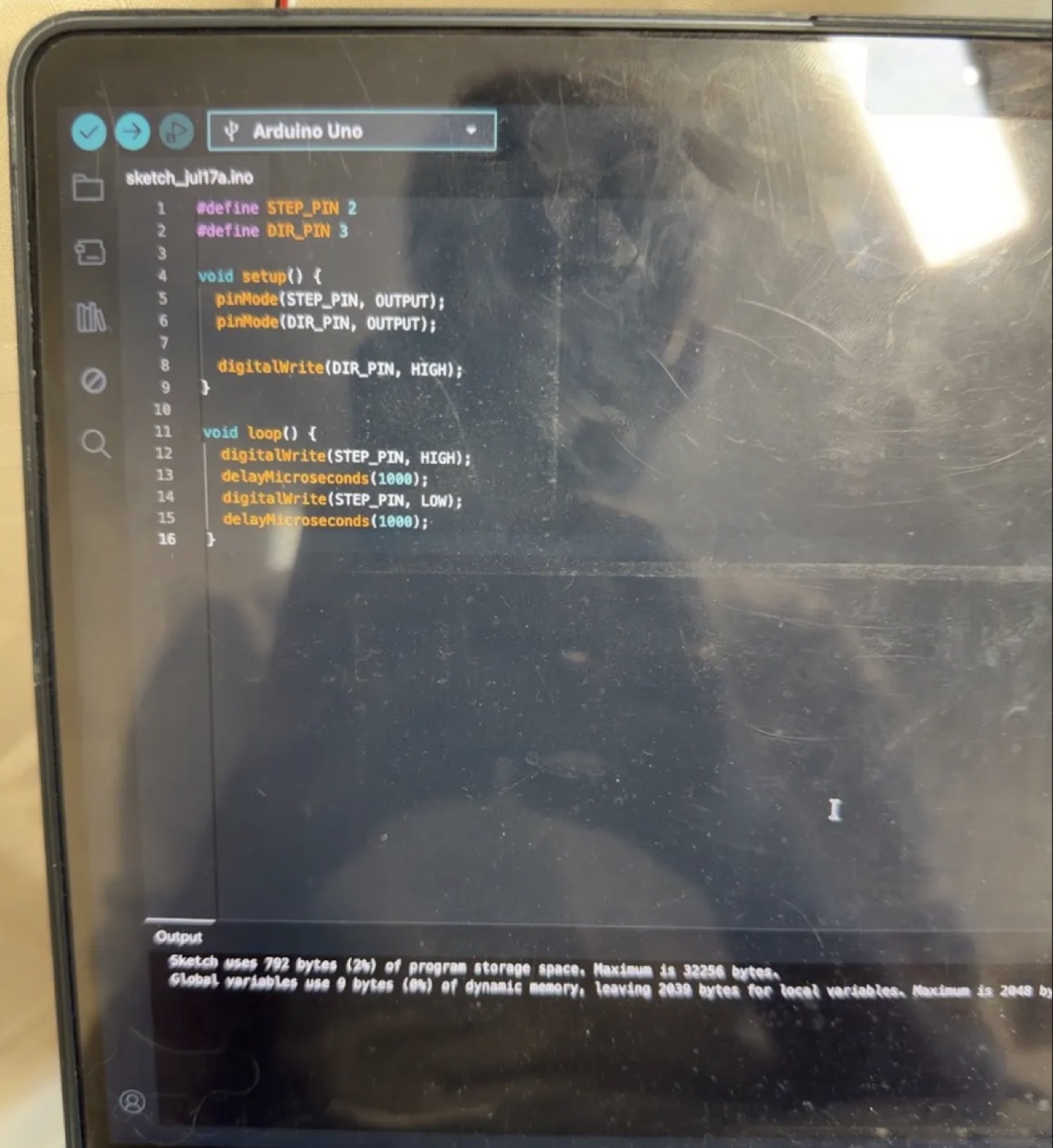 Arduino IDE showing step and direction pulse code