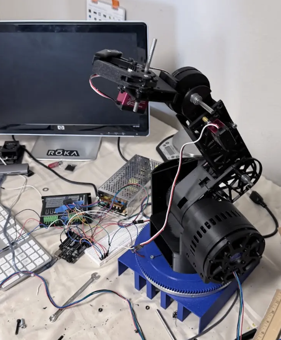 Current physical prototype of Aakarsh Sangar's robotic arm with gripper and wiring