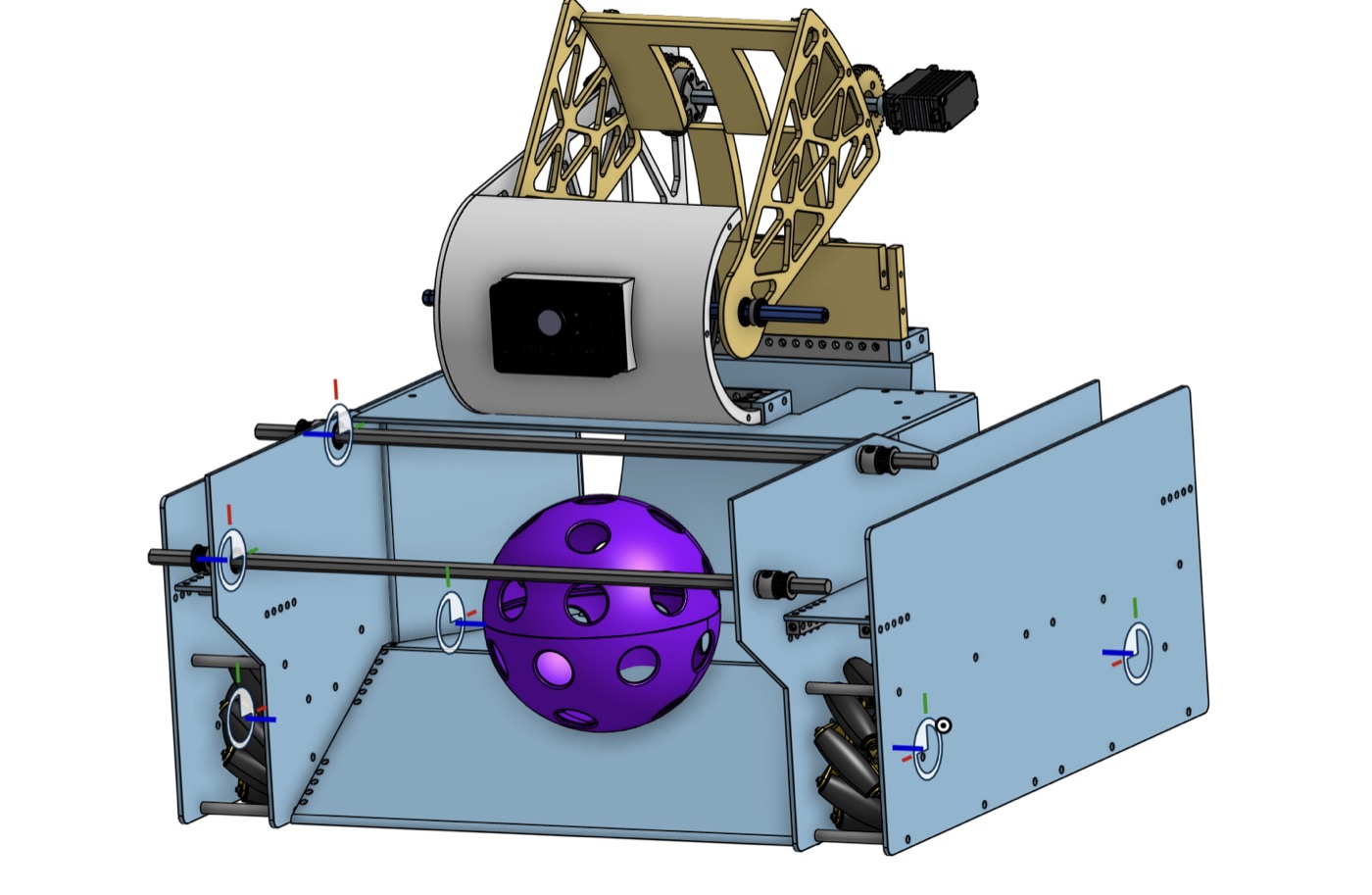 FTC robot CAD model with drivetrain, trussed arm, camera, and game element