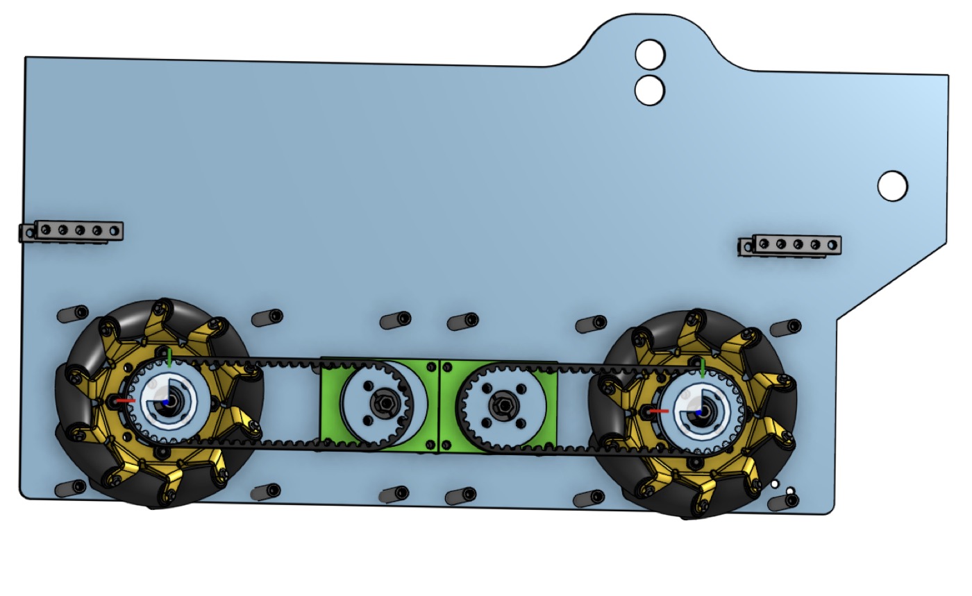 FTC drivetrain CAD view showing belt routing and mecanum wheel modules