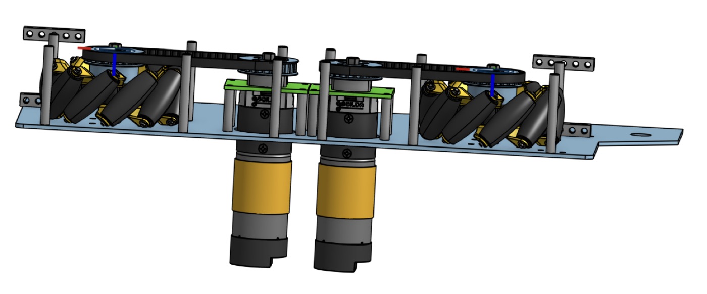 Side-view FTC drivetrain module CAD with motors, belt routing, pulleys, and mecanum wheels