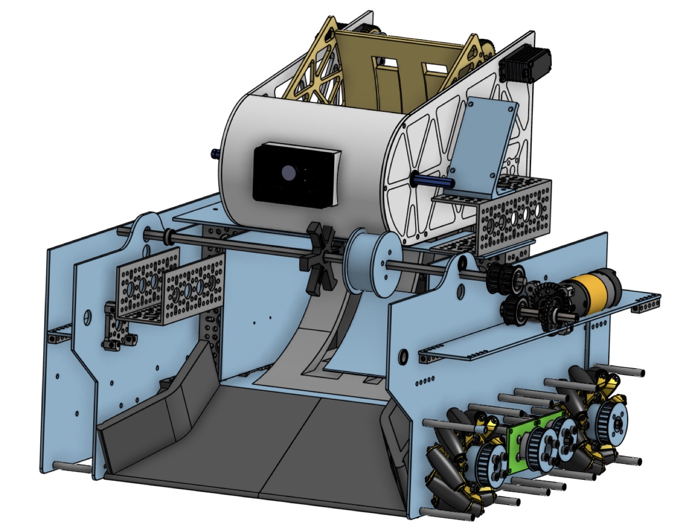 Revised FTC robot CAD model with intake, trussed side plates, and launcher mechanism