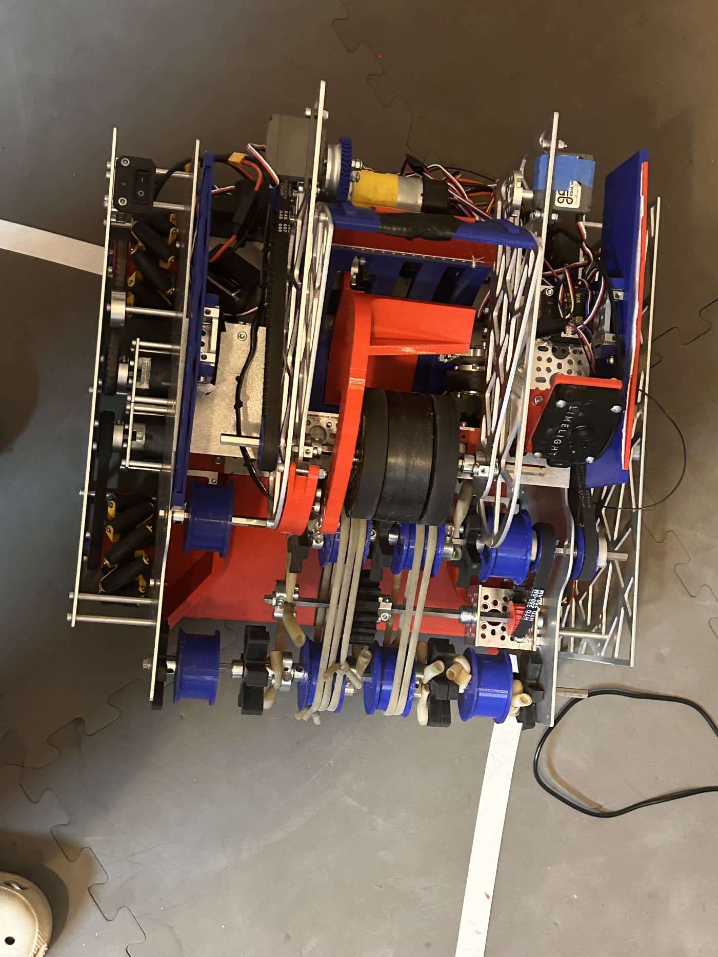 Integrated FTC competition robot with wiring, drivetrain, intake, and mechanisms