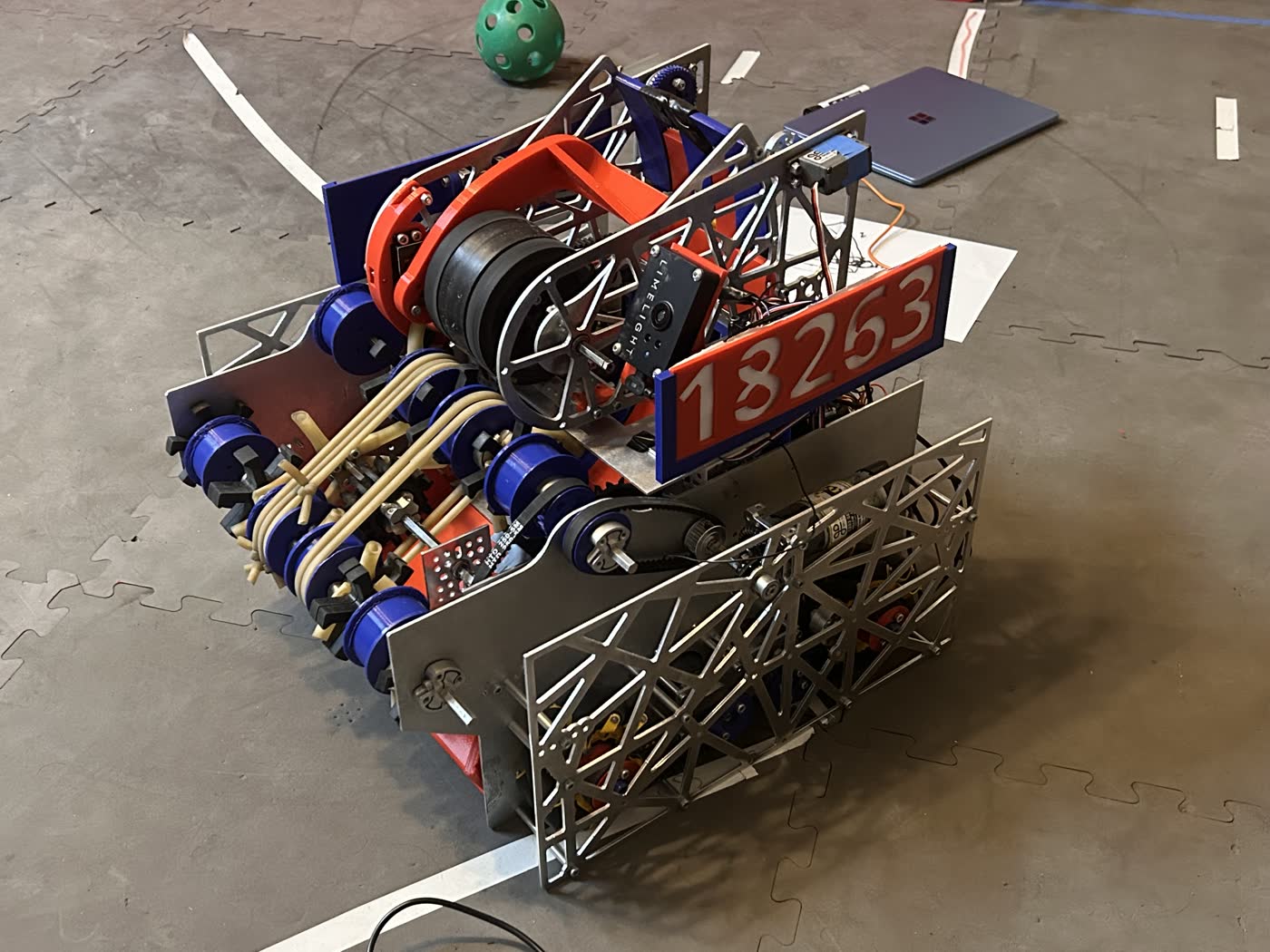 FTC robot on the field with team number and competition mechanisms visible