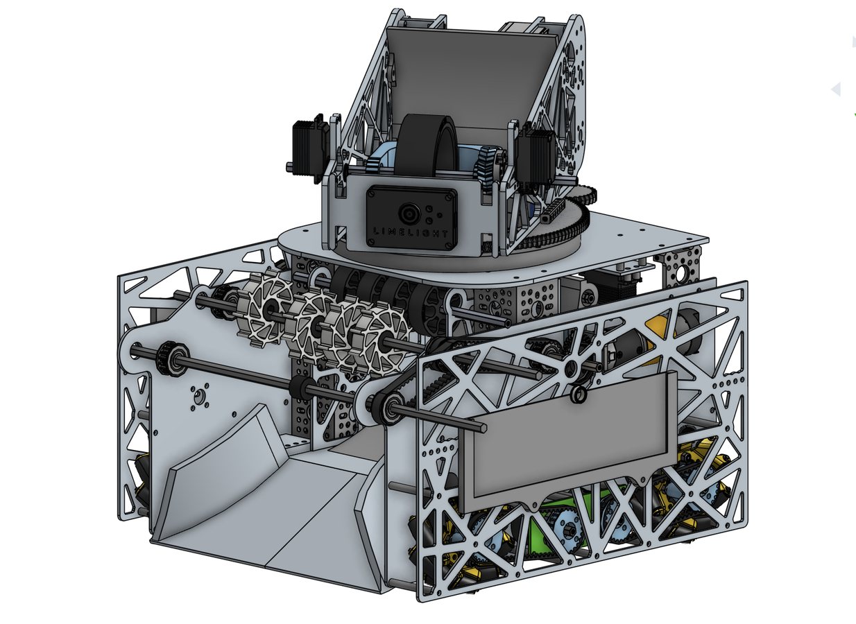 Final FTC robot CAD assembly showing intake, transfer, turret, shooter, and drivetrain packaging