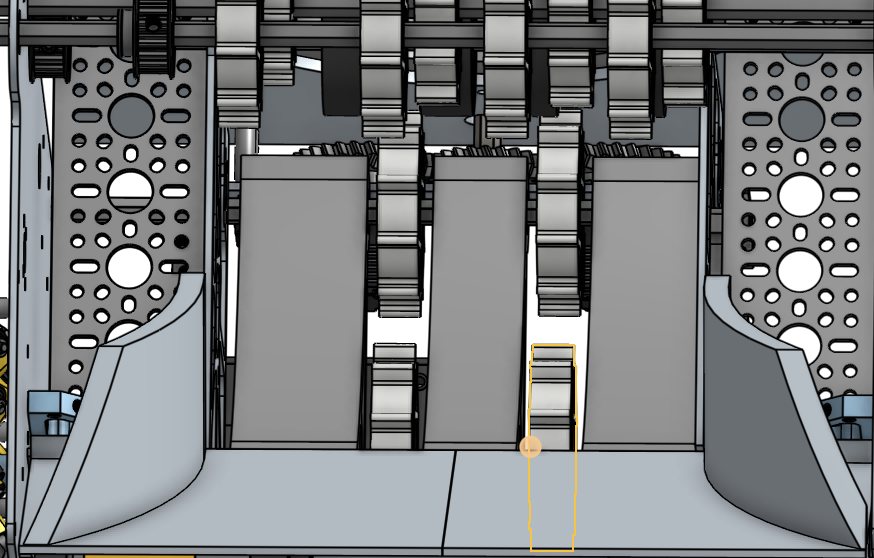 Front CAD view of intake wedges, roller path, and transfer mechanism