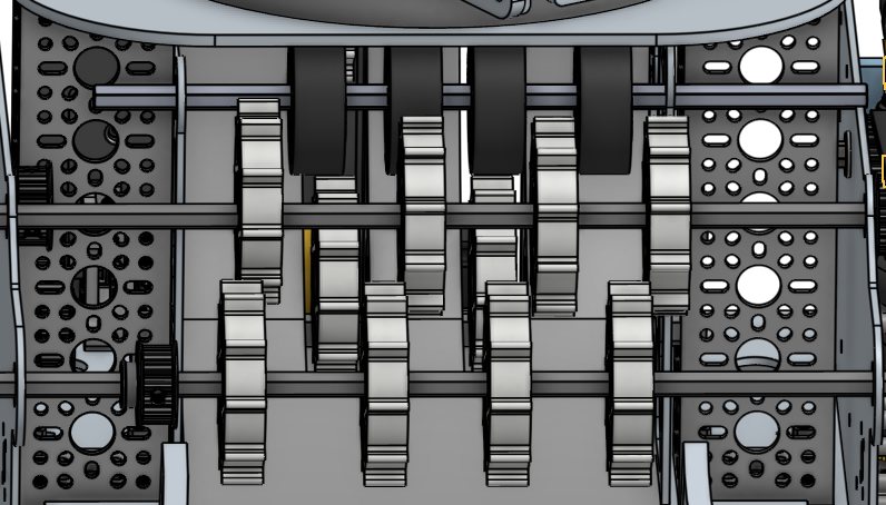 Top-down CAD view of roller transfer and ball path