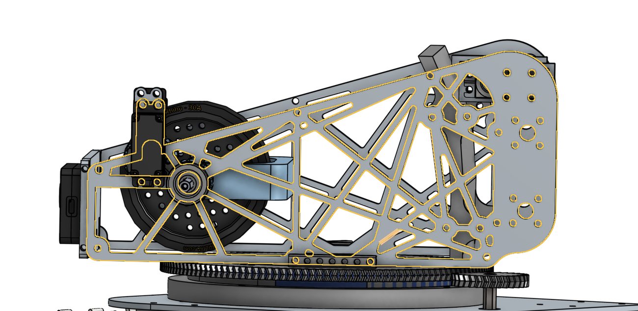 Side CAD view of custom lightened robot plate and turret base