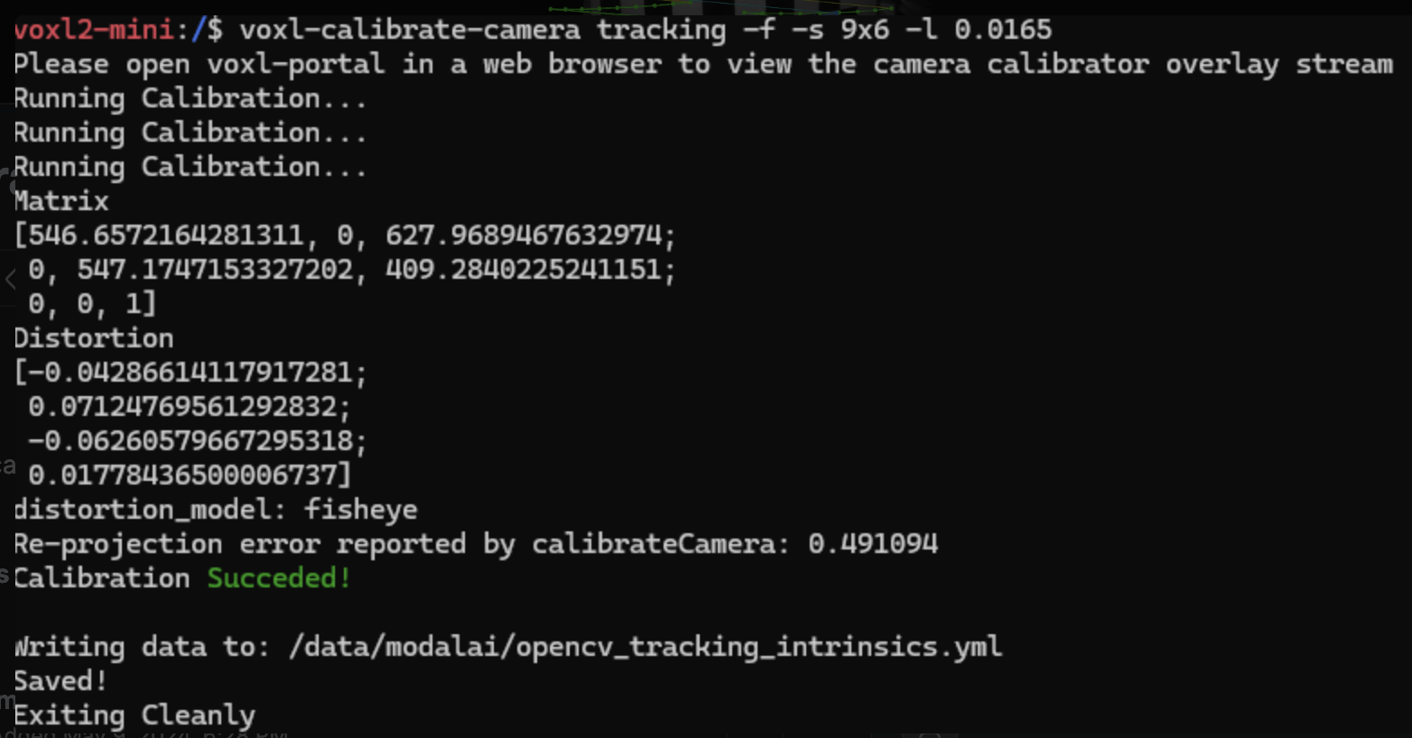 Terminal output showing successful VOXL camera calibration